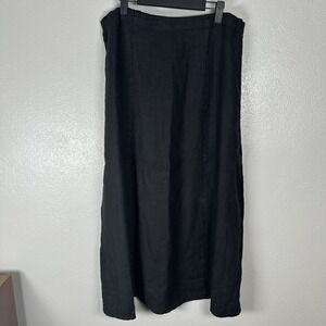 FLAX Midi Skirt Womens Large Black 100% Linen Elastic Back Paneled Lagenlook